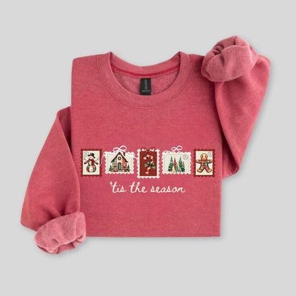 Retro Winter Stamp Sweatshirt, Patchwork Christmas Stamps Sweater, Coquette Christmas Sweatshirt, Winter Stamp Sweatshirt