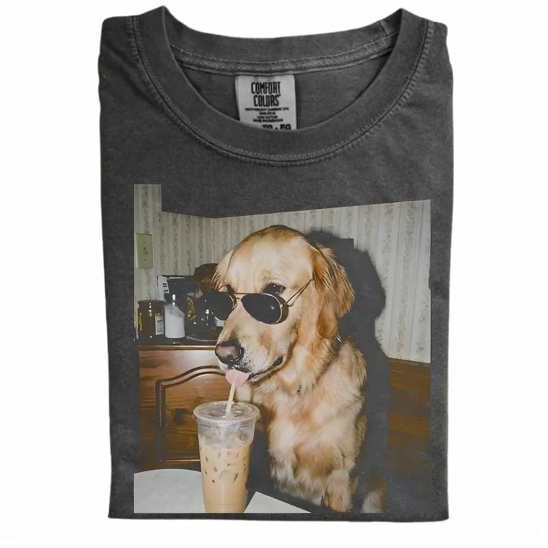 Comfort Colors Dog Drinking Iced Coffee Shirt Vintage 90s Funny Edgy Meme Unisex Tee
