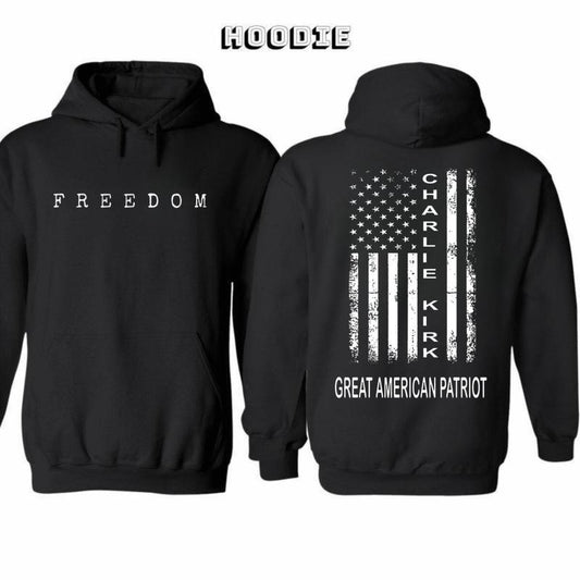 Charlie Kirk Great American Patriot  Hoodie - TShirt - Sweatshirt, Memorial Tribute Tee with US Flag Graphic, Pray for Charlie Kirk Shirt, FREEDOM Shirt - A True Patriot Charlie Kirk