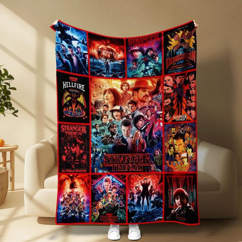 Stranger Things Theme Throw Blanket, Bold Poster-Style Artwork, Vivid Sci-Fi Energy, Soft and Cozy, Perfect for Sofa Bed or Décor, Heartwarming Blanket Gift