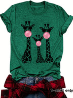 Women's Giraffe Print Round Neck Fitted Tee, Fashion Chic Casual Crew Neck T-Shirt for Daily Holiday Outdoor Wear, Ladies Clothes for Summer