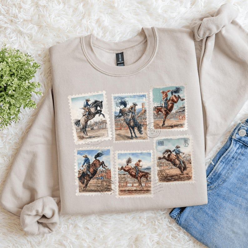 Rodeo Sweatshirt Bucking Horse Western Cowboy Crewneck Vintage Rodeo Stamp Sweater Country Cowgirl Sweatshirt Rustic Western Gift