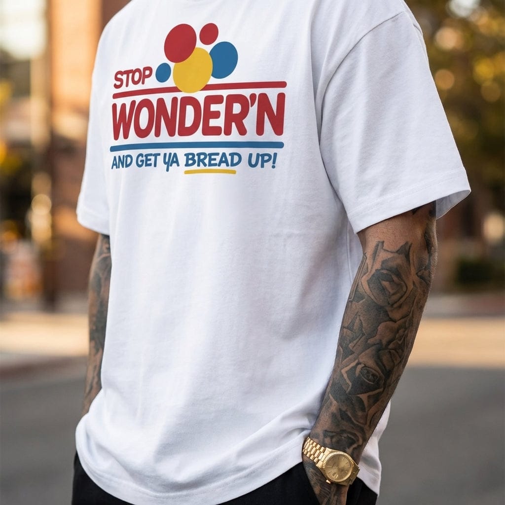 Humorous Mens Graphic TShirt Featuring Stop Wondering Get Your Bread Up Motif with Smiling Bread Slice Illustration
