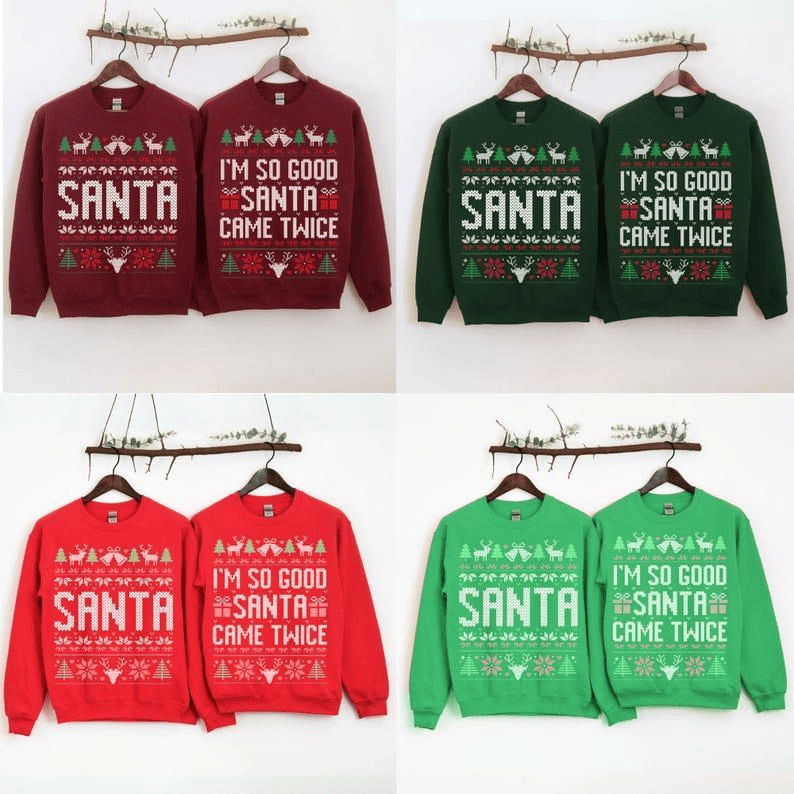 The Original Unisex Funny Couples Matching Ugly Christmas Sweater, Santa Twice, Christmas Pajamas, Couple Sweatshirt