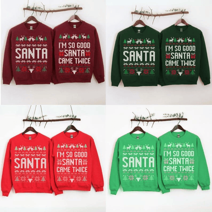The Original Unisex Funny Couples Matching Ugly Christmas Sweater, Santa Twice, Christmas Pajamas, Couple Sweatshirt