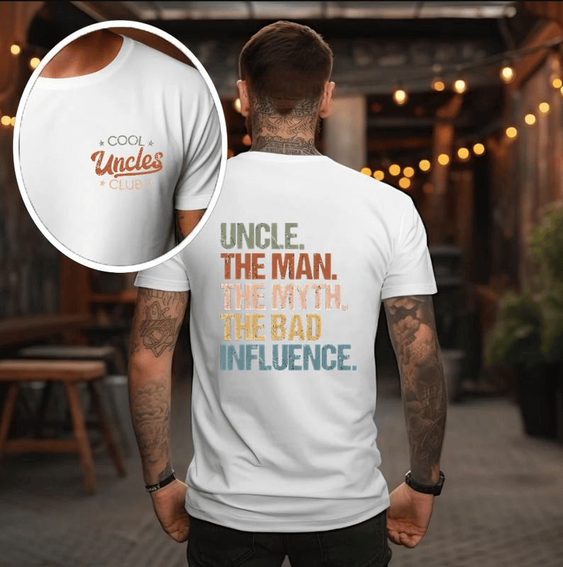 Cool Uncles Club – Der Mythos vom schlechten Einfluss – Doppelseitiges T-Shirt, Lustige Geschenke für Onkel, Bestes Onkel-Shirt aller Zeiten, Cooles Onkel-T-Shirt, Baumwoll-T-Shirt als Geschenk für Onkel 