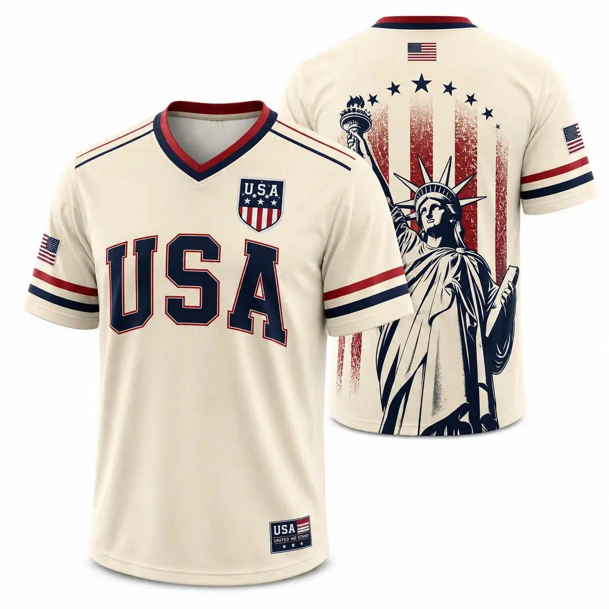 USA Flag Soccer Jersey for Men & Women with Statue of Liberty Graphic V-Neck Athletic Tee