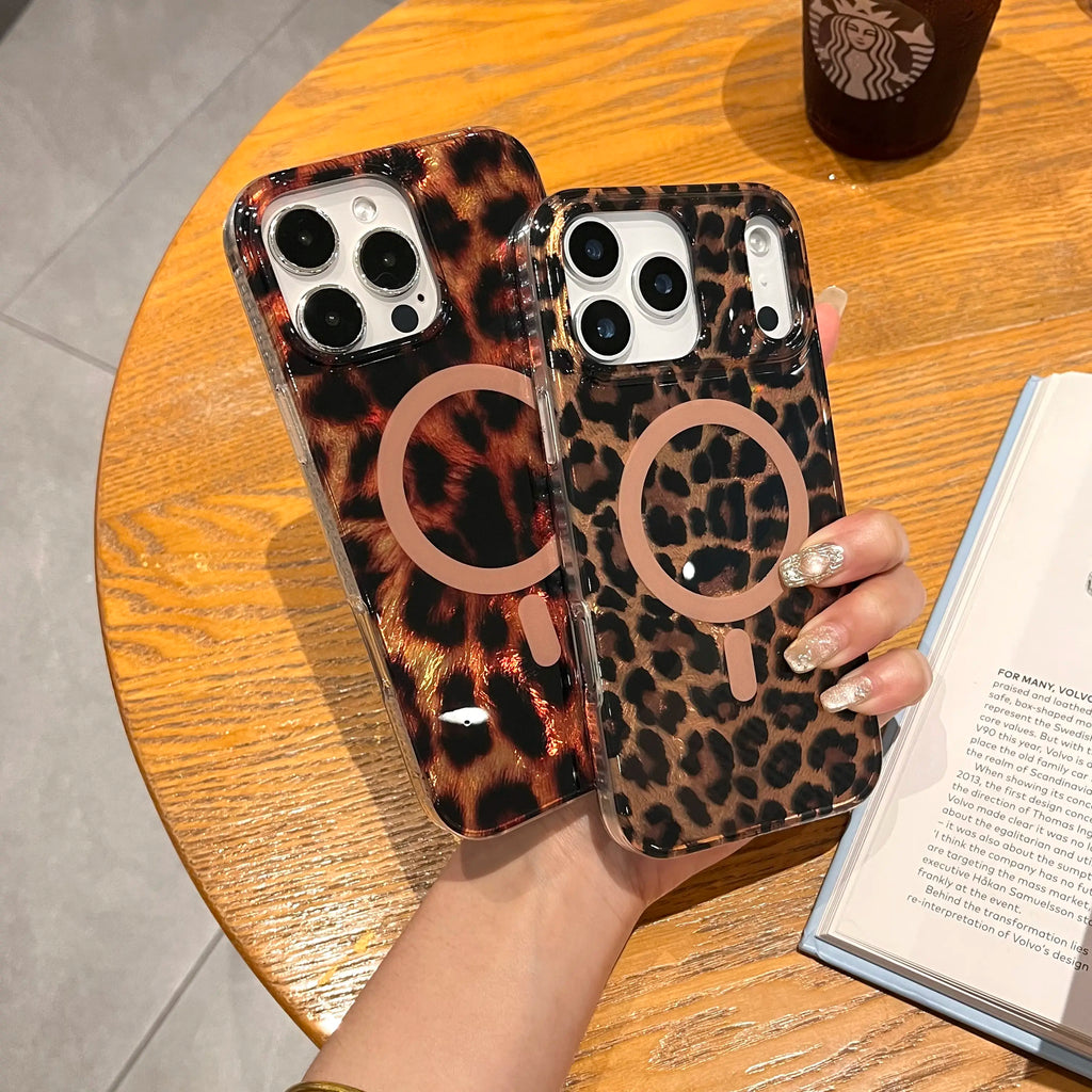 Leopard Cheetah Sparkle MagSafe Case – Glossy Shockproof Silicone Cover for iPhone 17 Pro Max