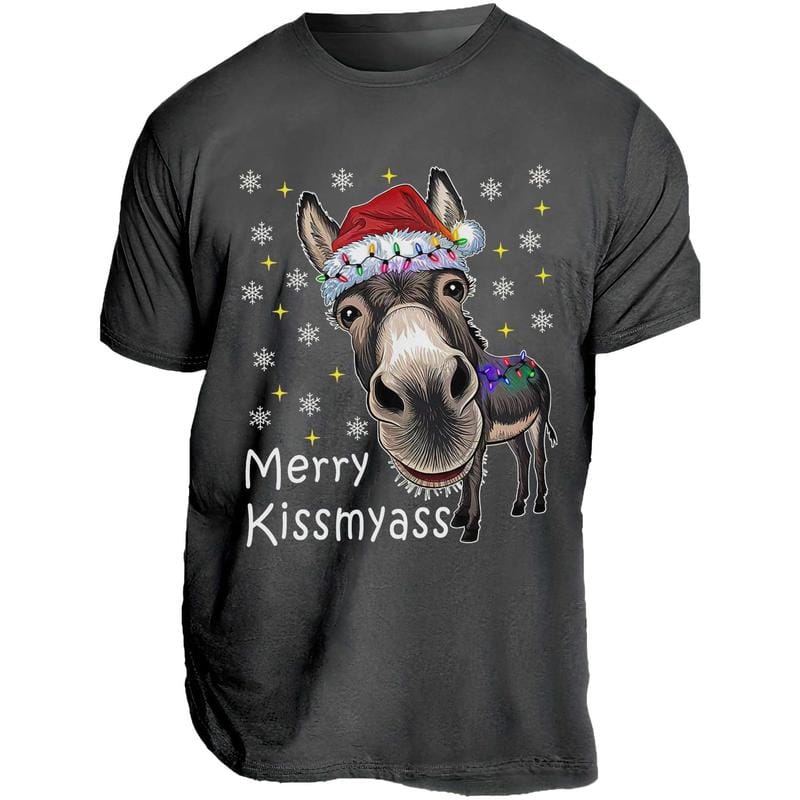 Men's Funny Donkey Santa Hat and MERRY KISSMYASS Christmas Print T-Shirt - Unisex Casual T-Shirt - Adult Humor Holiday Party Outfit
