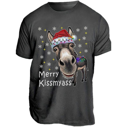 Men's Funny Donkey Santa Hat and MERRY KISSMYASS Christmas Print T-Shirt - Unisex Casual T-Shirt - Adult Humor Holiday Party Outfit