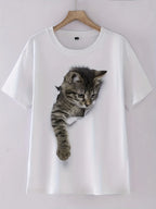 Cute Cat Print T-Shirt, Crew Neck Short Sleeve T-Shirt, Casual Every Day Tops, Women's Clothing