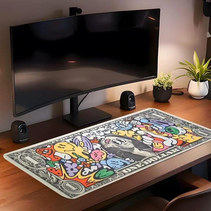 Street Art Dollar Bill Desk Mat – Graffiti Gaming Mouse Pad with Stitched Edges & Non-Slip Base