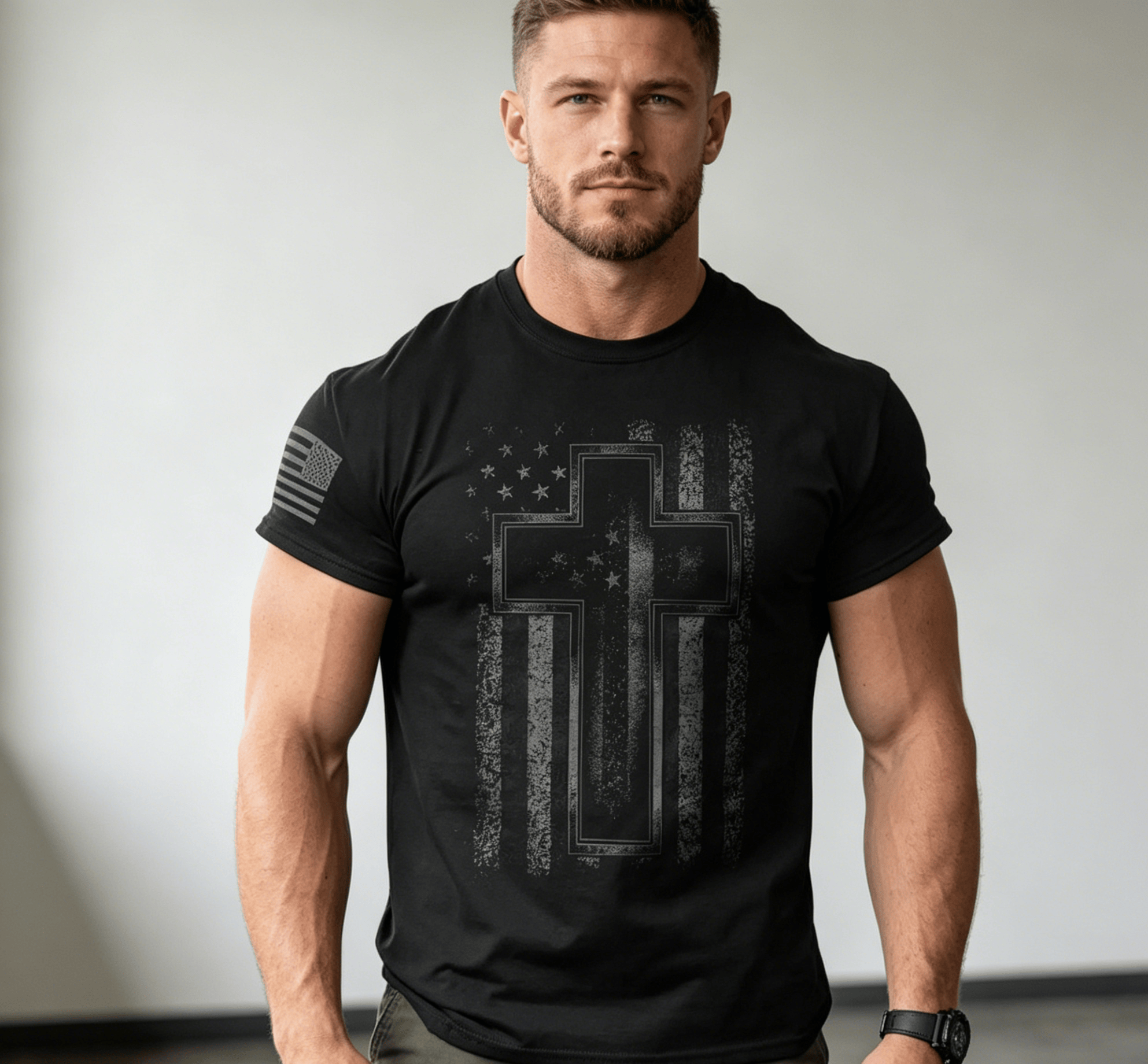 Cross USA Flag T-Shirt Christian Men Faith Gym Christ Casual Cotton Top
