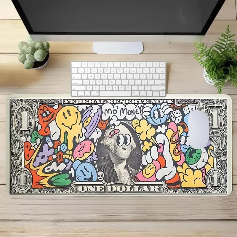 Street Art Dollar Bill Desk Mat – Graffiti Gaming Mouse Pad with Stitched Edges & Non-Slip Base