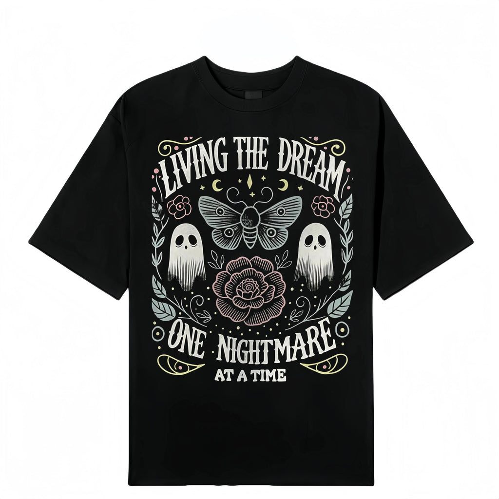 Women's Soft Fabric Vintage-Inspired Streetwear Short-Sleeve T-Shirt - "Living The Dream 1 Nightmare At A Time" Graphic, Loose Casual Chic Everyday Tee, Spring Glow Up, Outdoor Fun