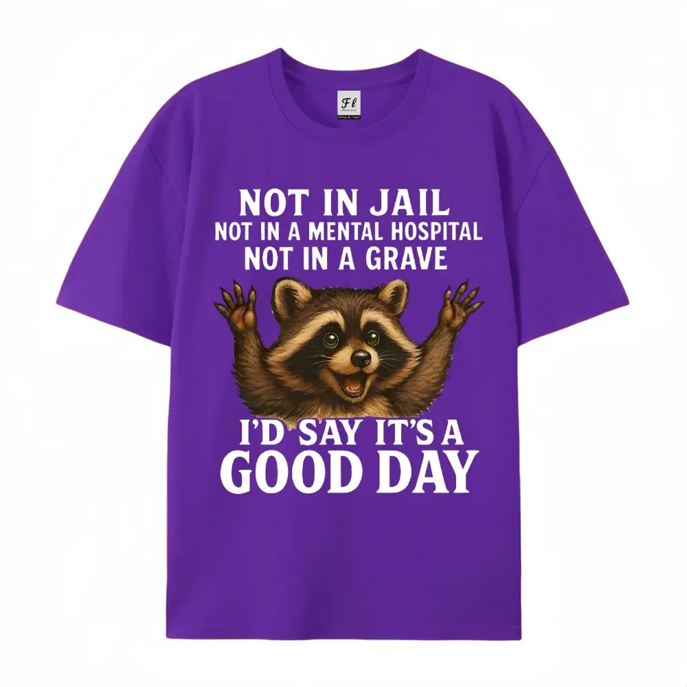 Women's Plus Size Funny Raccoon T-Shirt - "Not in Jail... Good Day" Sarcastic Graphic Tee - Soft Black Casual Top