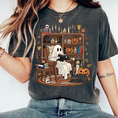 Retro Cozy Ghost Reading Halloween T-Shirt, Haunting Adeline Sweatshirt, Fall Library Boo Ghost Hoodie
