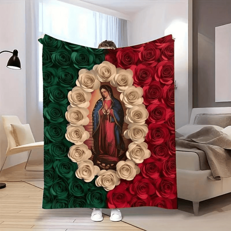 Soft Funny Throw Blanket Virgin Mary And Rose Flannel Blanket Comfortable All-Season Bedding,Suitable For Napping,Camping,Travel Colorful Mexican Flag Design Perfect Gift For Friends And Family,Bed