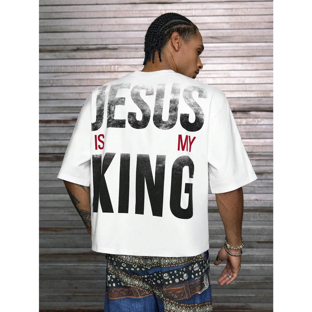 【Order Size Up】Jesus Is My King Printed Patchwork Cropped V-Neck Short Sleeve T-Shirt, Multi Sizes For Men, Streetwear Fit