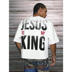 【Order Size Up】Jesus Is My King Printed Patchwork Cropped V-Neck Short Sleeve T-Shirt, Multi Sizes For Men, Streetwear Fit