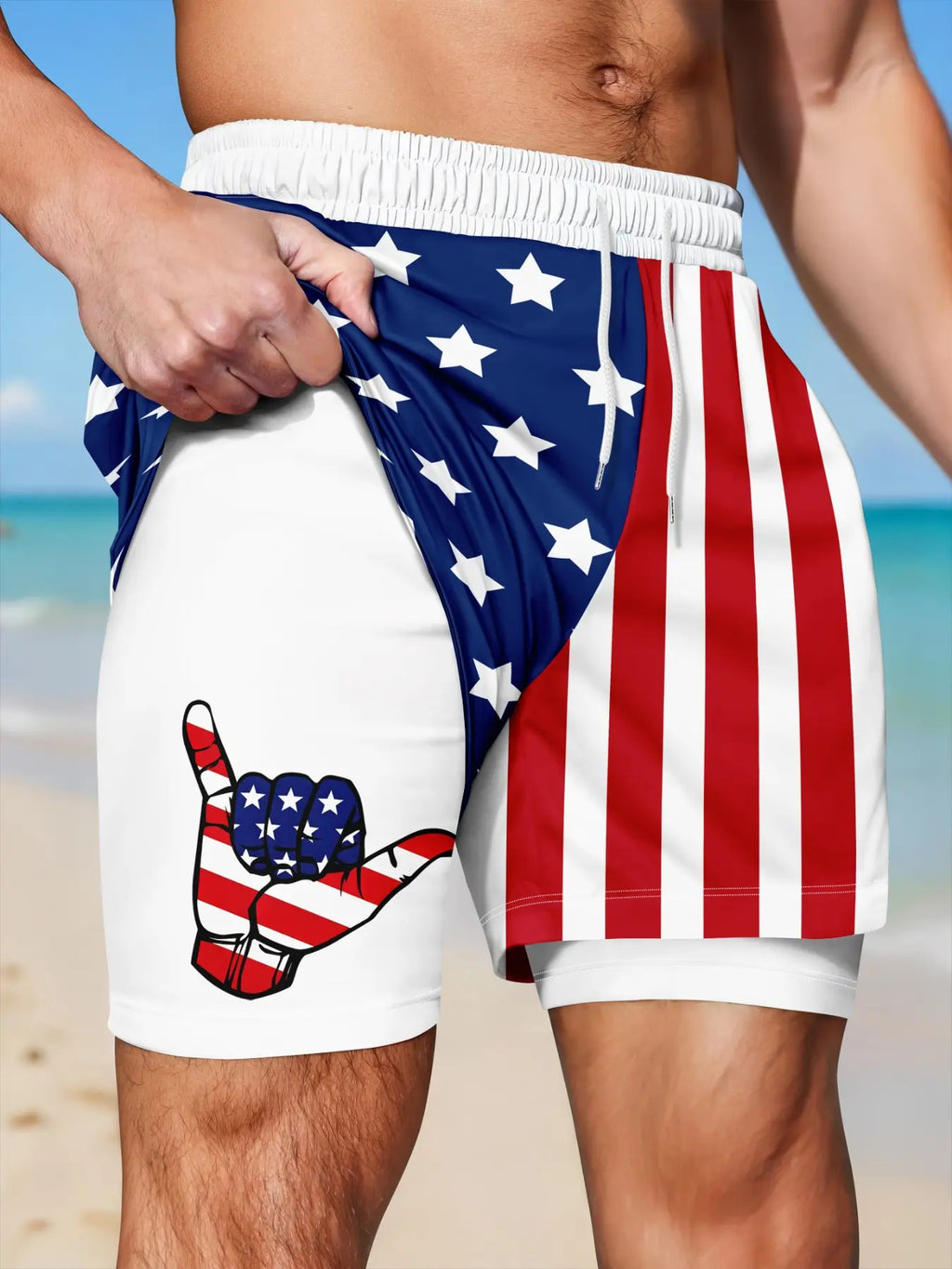 Men's American Flag 2-in-1 Swim Trunks - Patriotic Compression Liner Board Shorts for 4th of July & Beach Surfing