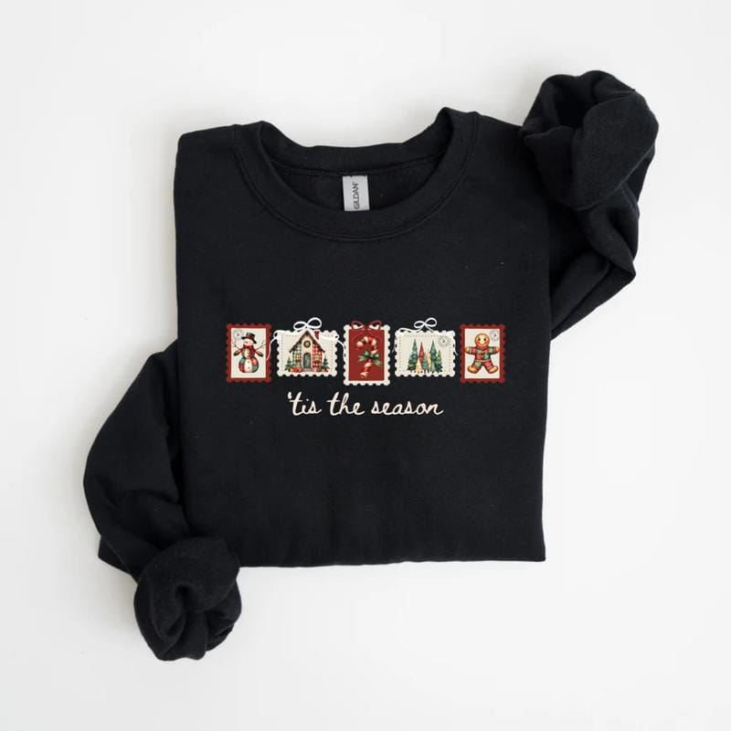 Retro Winter Stamp Sweatshirt, Patchwork Christmas Stamps Sweater, Coquette Christmas Sweatshirt, Winter Stamp Sweatshirt