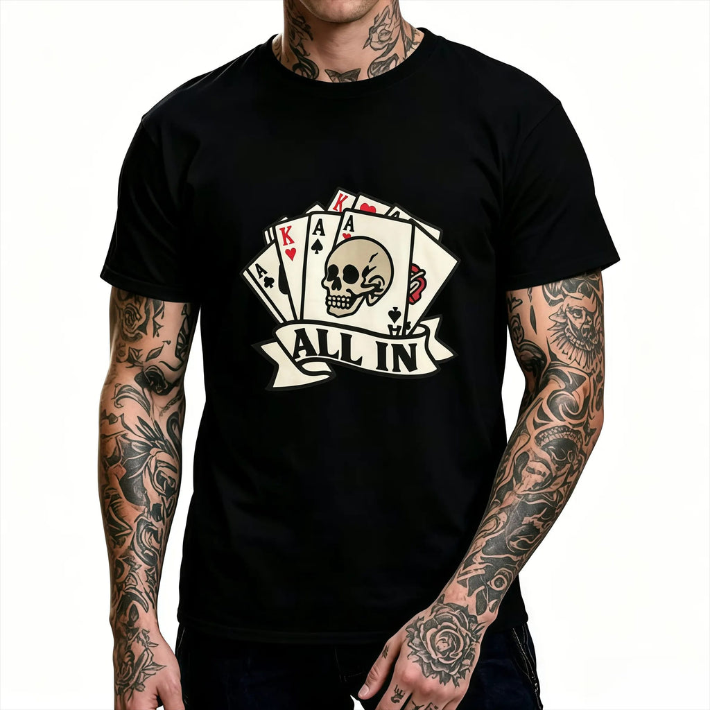 Vintage Poker Skull Graphic T-Shirt for Men – Retro Playing Cards Cotton Crew Neck Tee