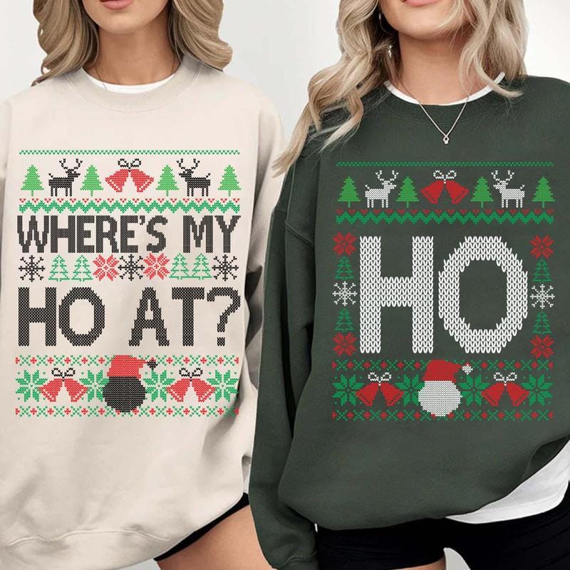 Funny Couples Christmas Sweatshirt, Where’s My Ho At & Ho Ugly Christmas Sweaters , Xmas Matching Shirt , Matching Husband Wife Christmas Party