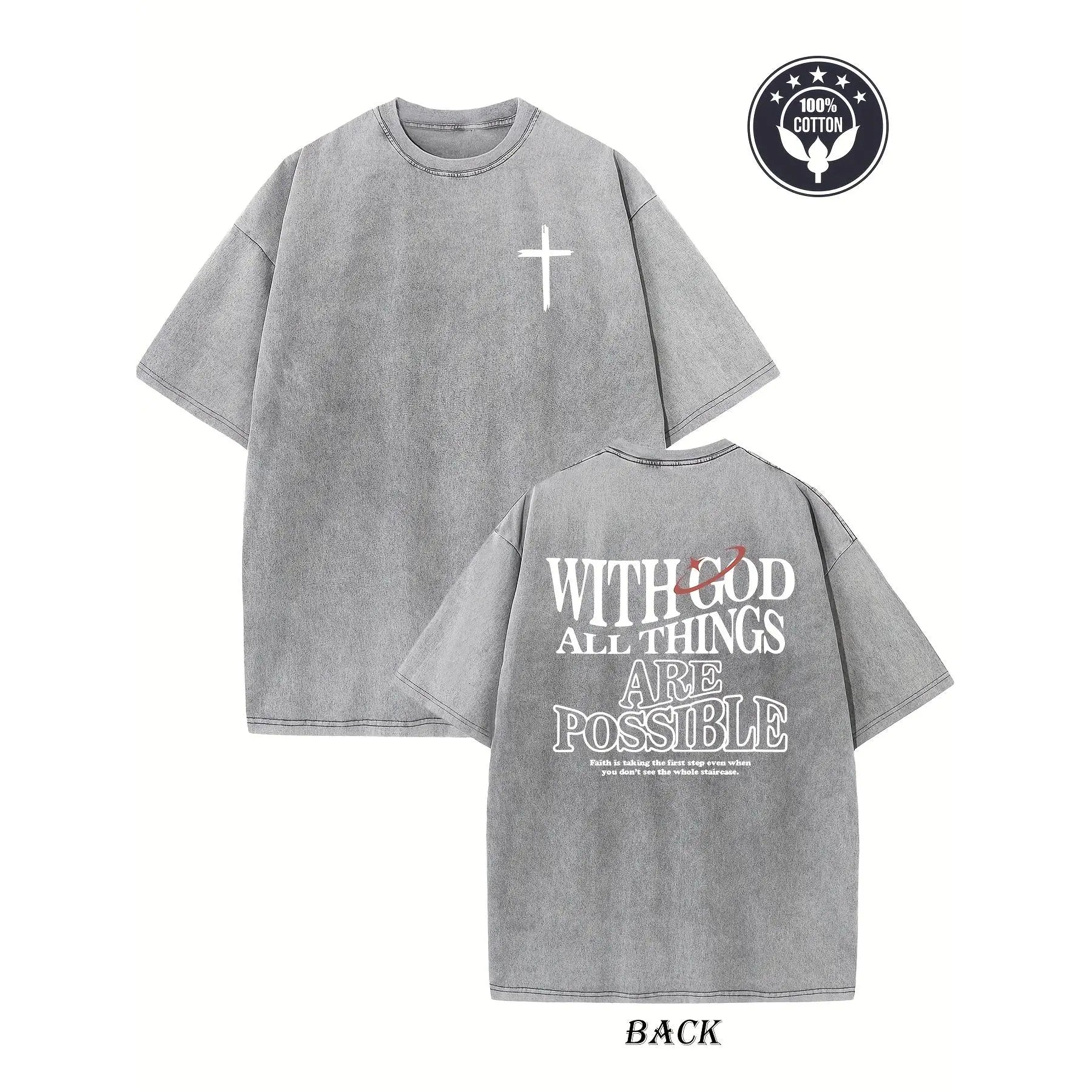 Men's Heavyweight 230gsm Cotton Vintage Washed T-Shirt - Dual-Sided "with God All Things Possible" & Cross Print, Loose Fit Hip Hop Streetwear, Round Neck Short Sleeve Casual Tee for Casual Attire, Ribbed Neckline Shirt Crewneck Knit Fabric Tshirt Knit