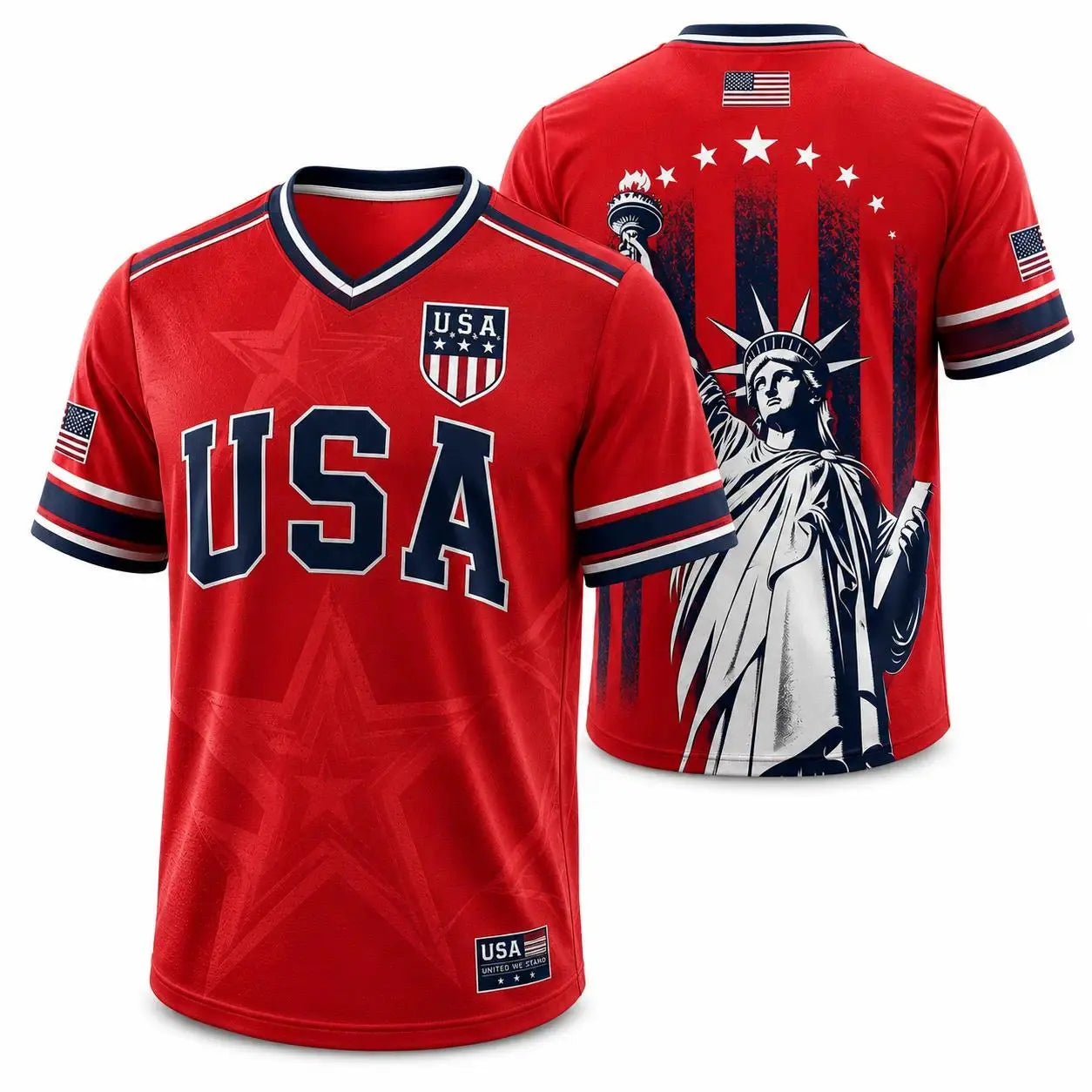 USA Flag Soccer Jersey for Men & Women with Statue of Liberty Graphic V-Neck Athletic Tee