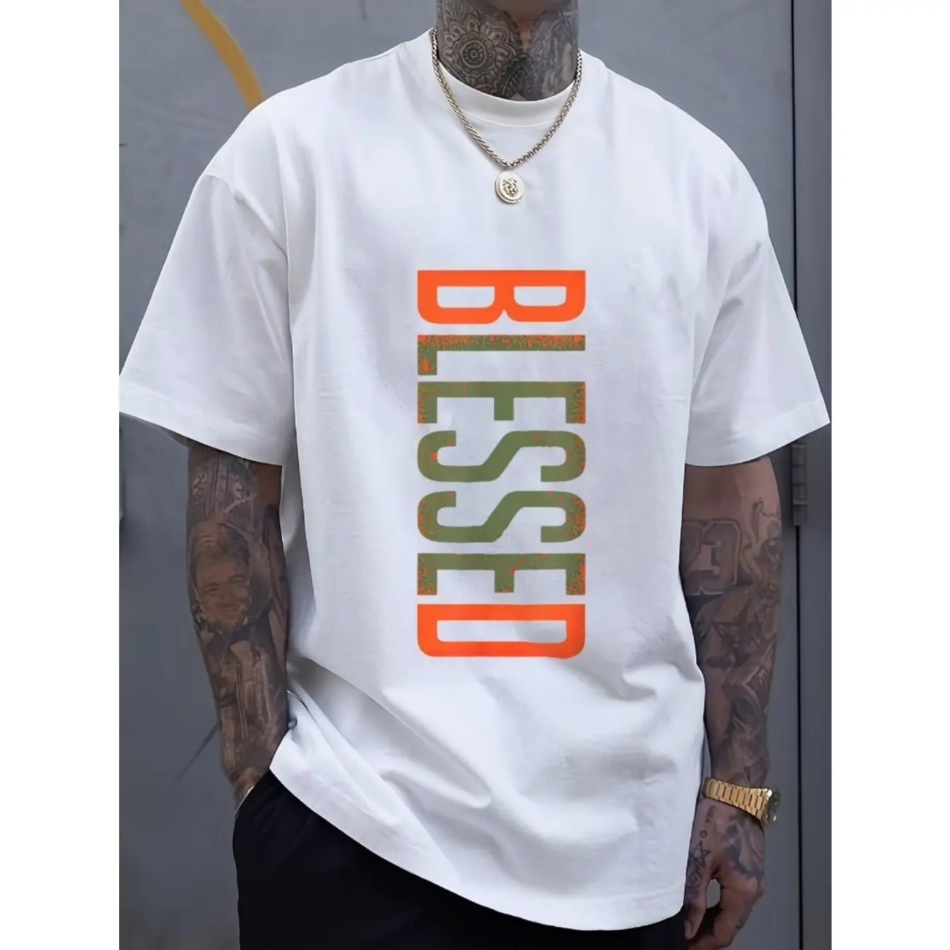 Men's Plus Size Casual Crew Neck T-Shirt - Geometric-Pattern, Smooth Cotton Knit Fabric, Medium Stretch - Short Sleeve Tee for Leisure & Everyday Wear | Breathable Comfort Fit | Machine Washable