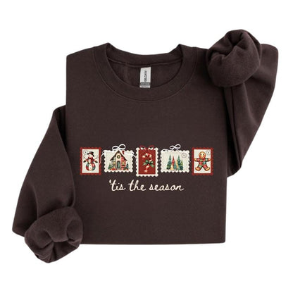 Retro Winter Stamp Sweatshirt, Patchwork Christmas Stamps Sweater, Coquette Christmas Sweatshirt, Winter Stamp Sweatshirt