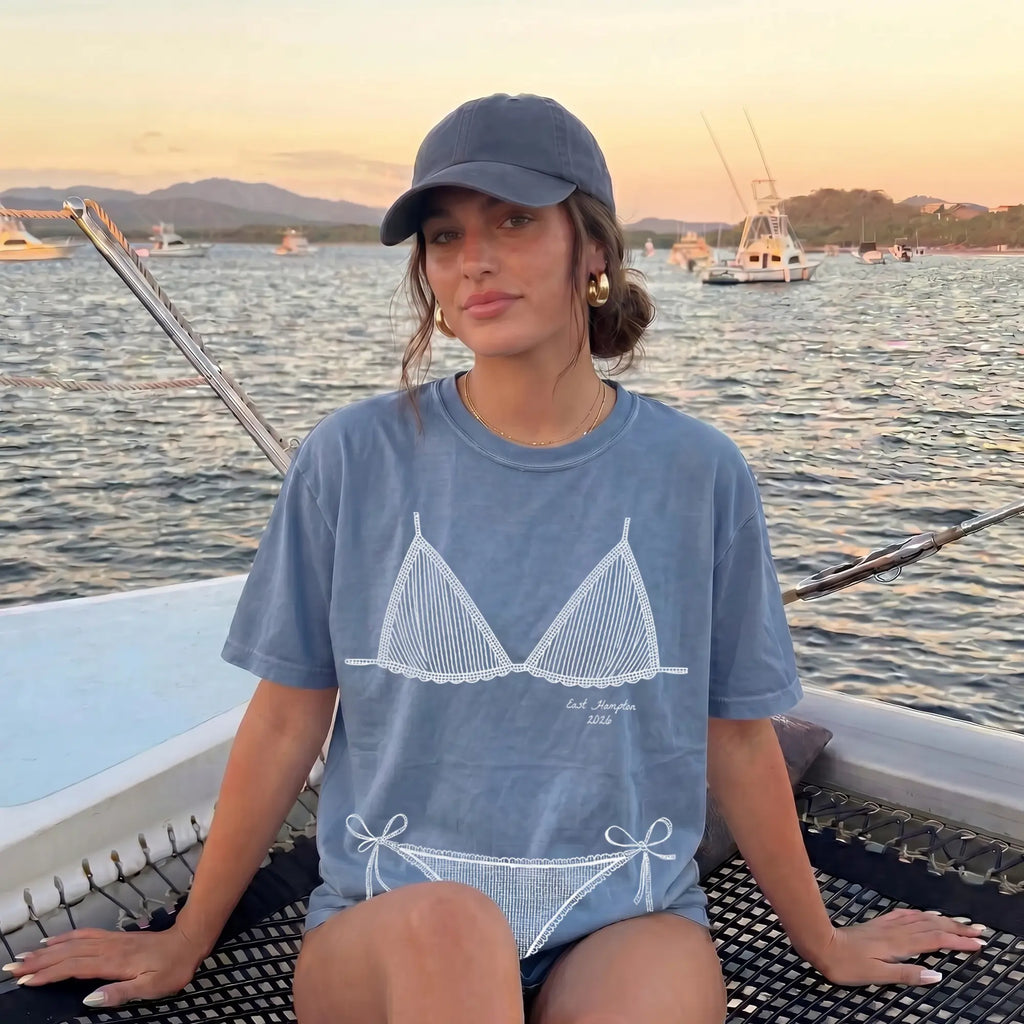 RodyThread Custom Bachelorette Party Bikini Graphic Oversized T-Shirt Women Brides Bridesmaids Coastal Coquette Preppy Beach Aesthetic White Cotton Blend Personalized Bride Tribe Matching Shirts Summer Vacation Top Custom Text
