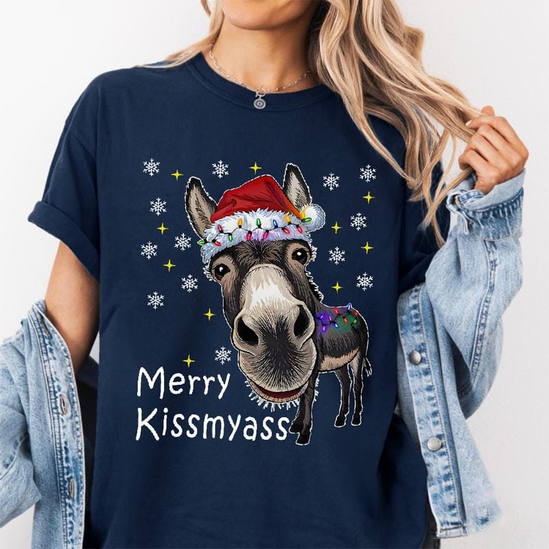 Men's Funny Donkey Santa Hat and MERRY KISSMYASS Christmas Print T-Shirt - Unisex Casual T-Shirt - Adult Humor Holiday Party Outfit