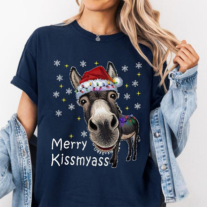 Men's Funny Donkey Santa Hat and MERRY KISSMYASS Christmas Print T-Shirt - Unisex Casual T-Shirt - Adult Humor Holiday Party Outfit