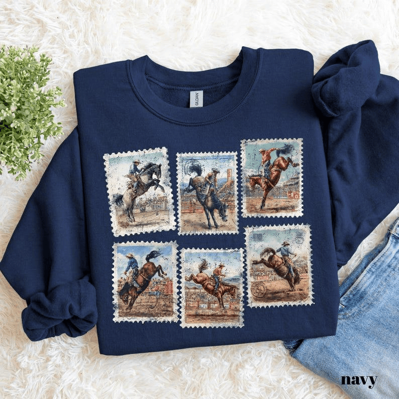 Rodeo Sweatshirt Bucking Horse Western Cowboy Crewneck Vintage Rodeo Stamp Sweater Country Cowgirl Sweatshirt Rustic Western Gift