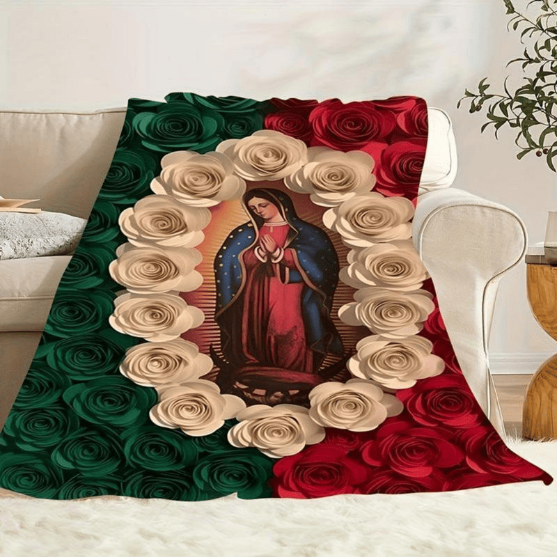 Soft Funny Throw Blanket Virgin Mary And Rose Flannel Blanket Comfortable All-Season Bedding,Suitable For Napping,Camping,Travel Colorful Mexican Flag Design Perfect Gift For Friends And Family,Bed