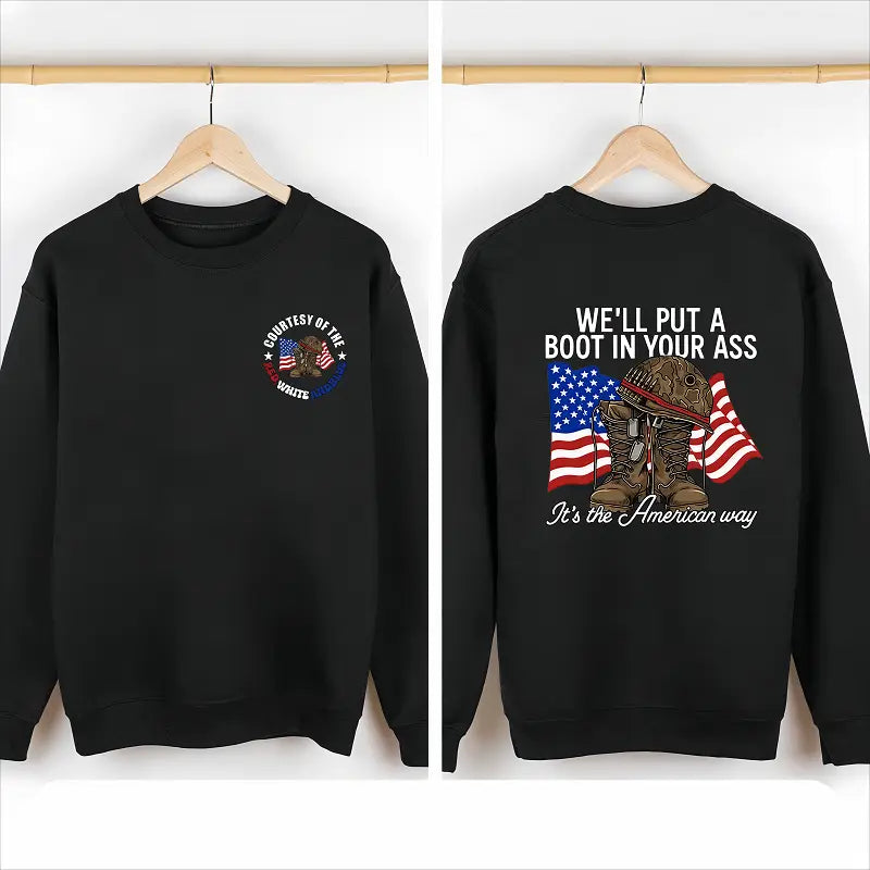 T - shirt with “WE'LL PUT A BOOT IN YOUR ASS” slogan, American flag & military boot graphic, front “CONTEST OF THE RED WHITE AND BLUE” design