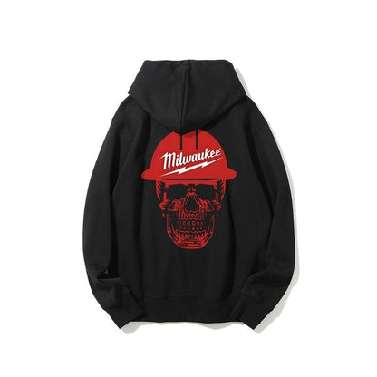 Milwaukee Skull Hoodie, Bold Graphic Pullover For Men For Women, Streetwear Workwear Style, Unisex Fit, Gift For Tool For Garage Fans, Unisex Long Sleeve Pullover Shirt