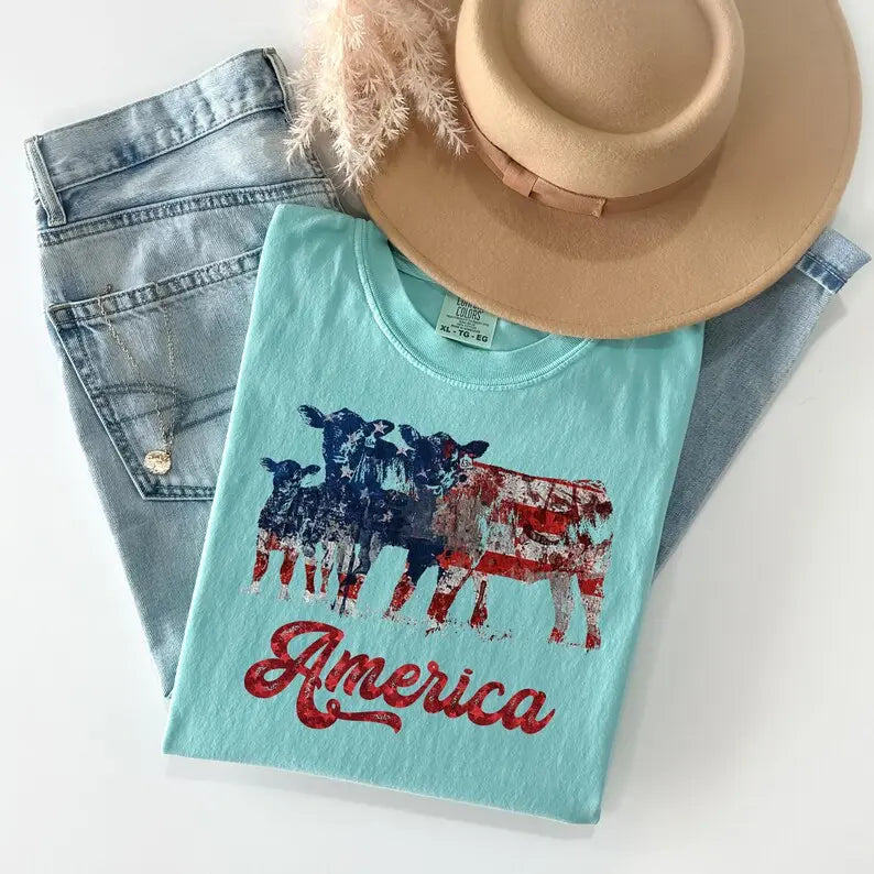 Comfort Colors Patriotic Cattle Tee: Ranching USA Flag Apparel