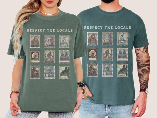 Comfort Colors Respect the Locals Cryptid T-Shirt, Vintage Stamp Camping Tee, Bigfoot Gift Mothman TShirt Alien Tee Weirdcore Gift for Hiking