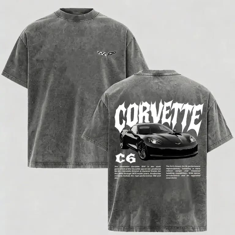 Oversized Graphic T-Shirt with Vintage Washed Corvette C6 Print, Soft Cotton Casual Streetwear for Men