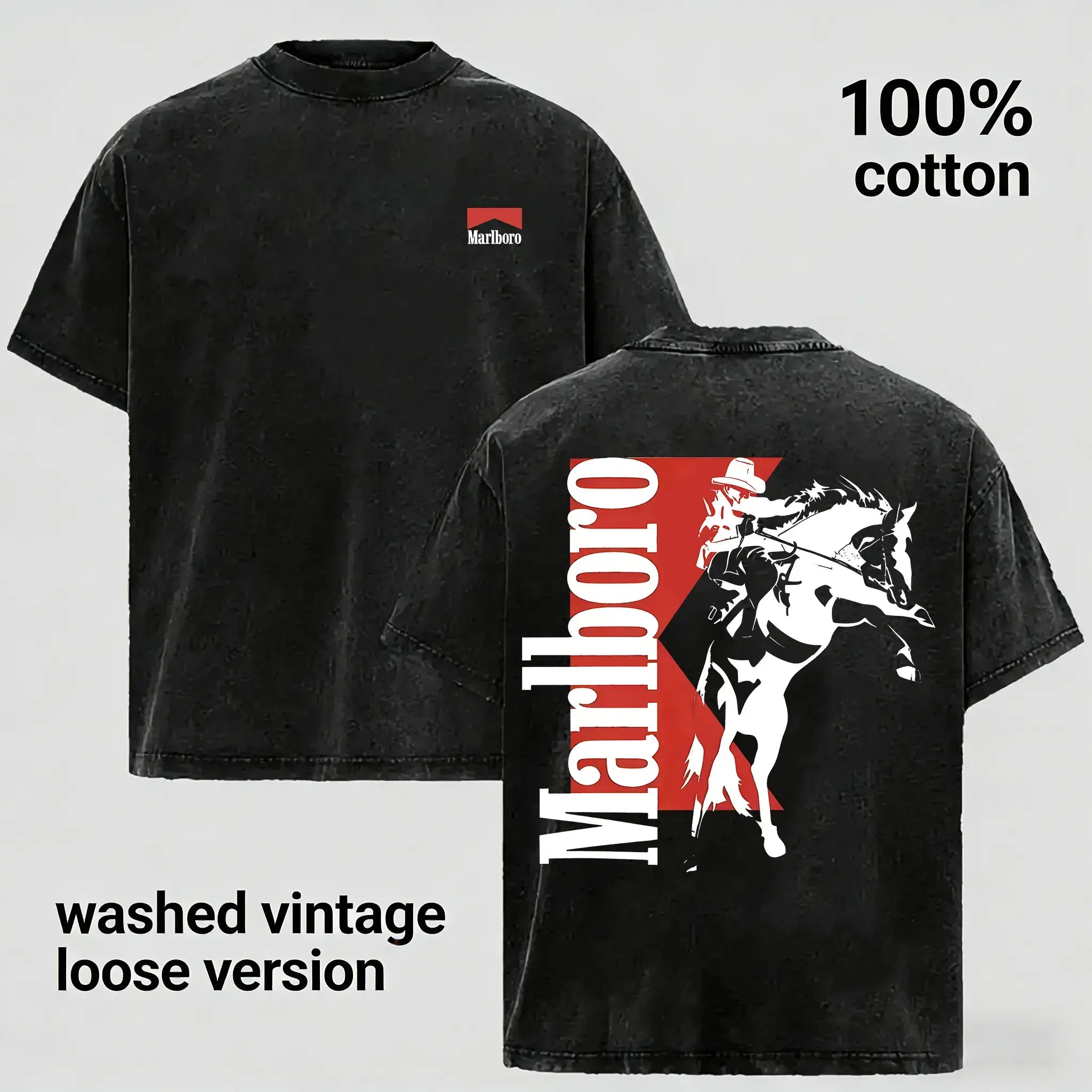 Vintage Washed Marlboro Cowboy T-Shirt, 100% Cotton Oversized Graphic Tee, Western Rodeo Unisex Streetwear