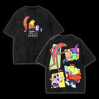 Smiling Friends Washed Cotton Shirt, Smiling Friend Ss3 Shirt, Graphic Tee, Cartoon Double Printed Vintage Washed Tee Cotton T-shirt Fabric Menswear Top Collar