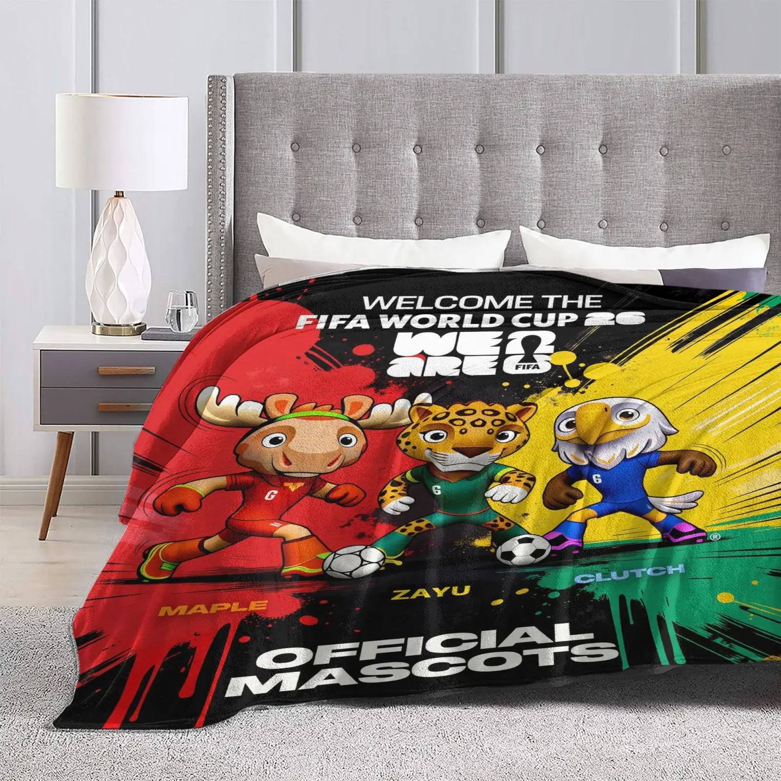 FIFA World Cup 2026 Mascot Fleece Blanket – Clutch, Zayu & Maple Ultra-Soft Soccer Fan Throw for Couch, Bed & Home Decor