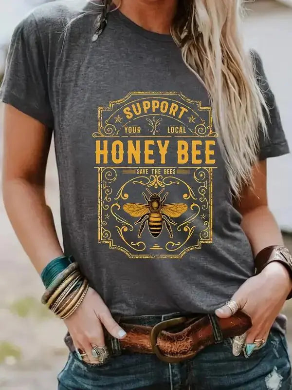 Women's Honey Bee Round Neck Graphic Tee, Vintage Trendy Casual Short Sleeve T-shirt for Daily Wear, Ladies Summer Top, Summer Clothes Women Sweatshirt, Hoodie, Comfort Colors