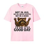 Women's Plus Size Funny Raccoon T-Shirt - "Not in Jail... Good Day" Sarcastic Graphic Tee - Soft Black Casual Top