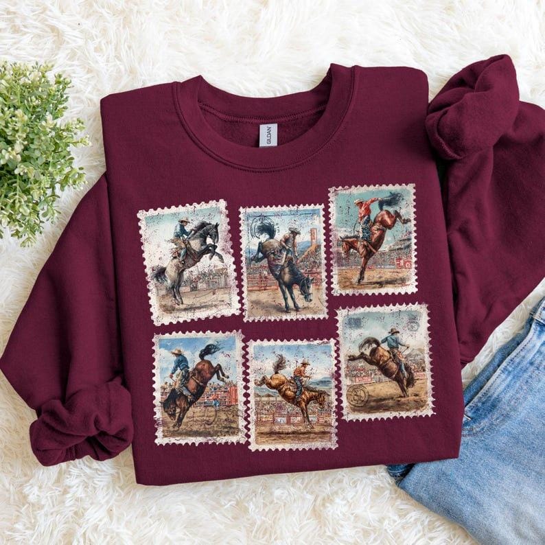 Rodeo Sweatshirt Bucking Horse Western Cowboy Crewneck Vintage Rodeo Stamp Sweater Country Cowgirl Sweatshirt Rustic Western Gift