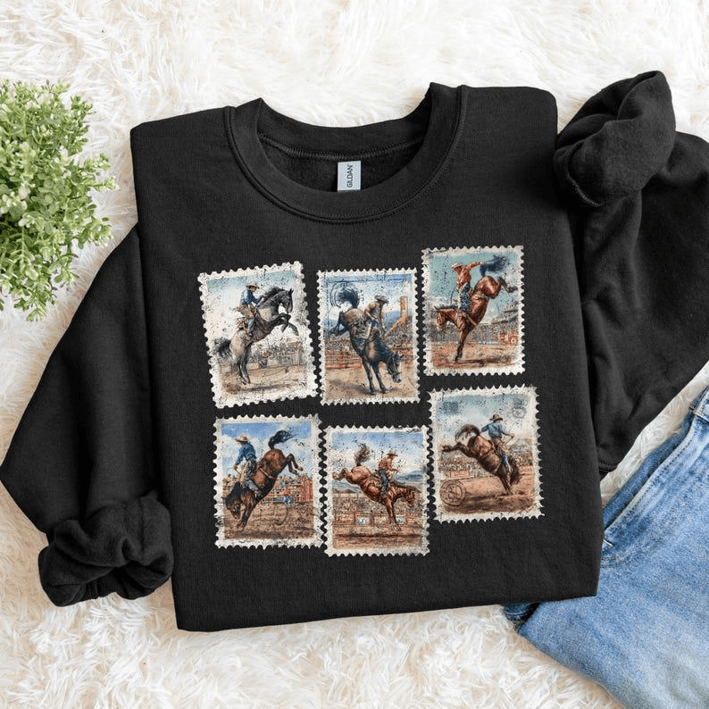 Rodeo Sweatshirt Bucking Horse Western Cowboy Crewneck Vintage Rodeo Stamp Sweater Country Cowgirl Sweatshirt Rustic Western Gift