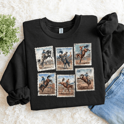Rodeo Sweatshirt Bucking Horse Western Cowboy Crewneck Vintage Rodeo Stamp Sweater Country Cowgirl Sweatshirt Rustic Western Gift